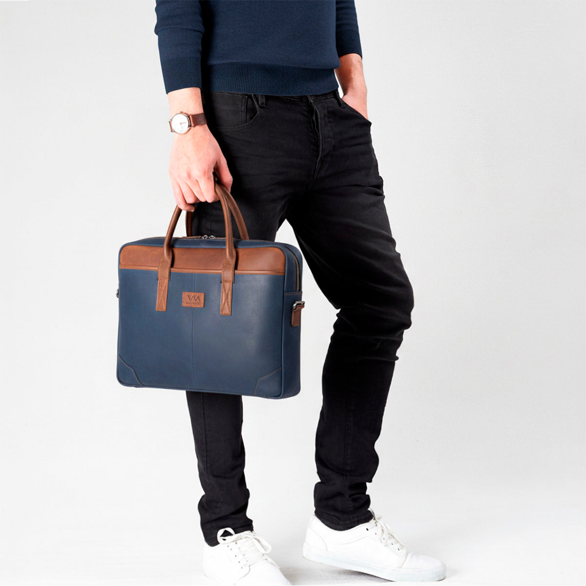 Blaue Ledertasche für Laptop Valmio Denton 2.0